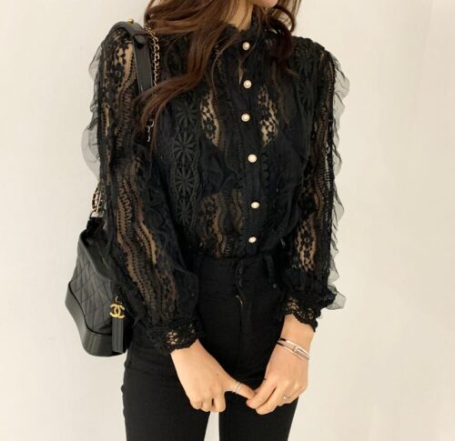 Spring / Autumn Stand Collar Long Sleeves Crochet Flower Lace Blouse - Image 4