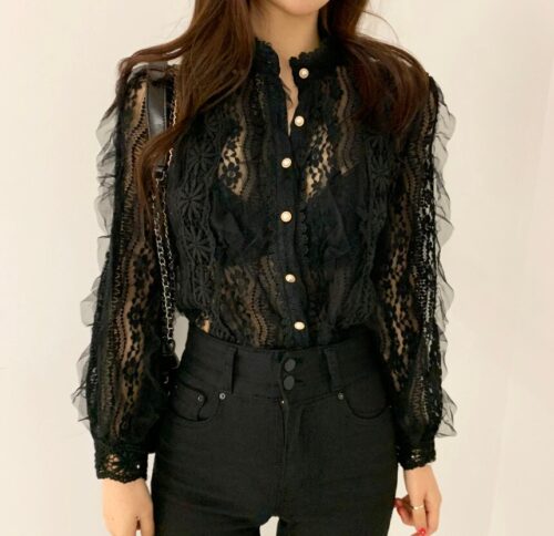 Spring / Autumn Stand Collar Long Sleeves Crochet Flower Lace Blouse - Image 5