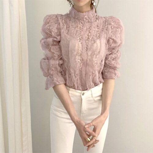 Spring / Autumn Stand Collar Puff Sleeves Mesh Lace Crochet Flower Blouse - Image 3