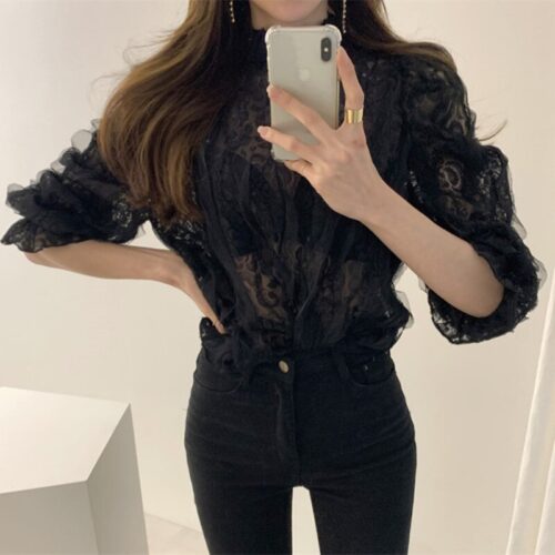 Spring / Autumn Stand Collar Puff Sleeves Mesh Lace Crochet Flower Blouse - Image 5