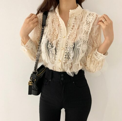 Spring / Autumn Stand Collar Long Sleeves Crochet Flower Lace Blouse - Image 3