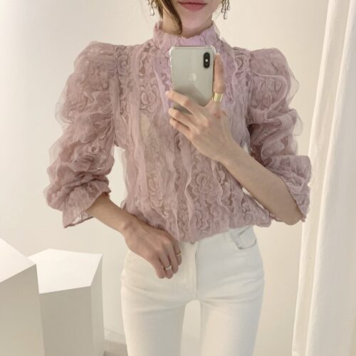 Spring / Autumn Stand Collar Puff Sleeves Mesh Lace Crochet Flower Blouse - Image 4