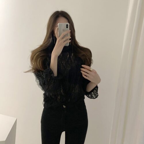 Spring / Autumn Stand Collar Puff Sleeves Mesh Lace Crochet Flower Blouse - Image 6