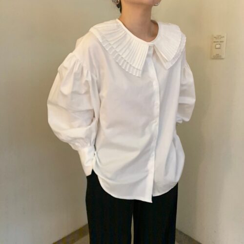 Spring / Autumn Korean Pilgrim Collar Long Sleeves White Blouse - Image 2