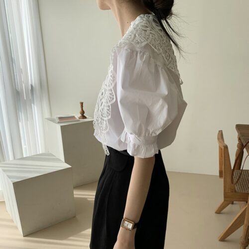 Summer Korean Butterfly Lace Lapel Short Puff Sleeves White Blouse - Image 4