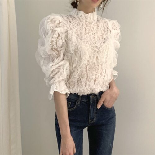 Spring / Autumn Stand Collar Puff Sleeves Mesh Lace Crochet Flower Blouse - Image 7