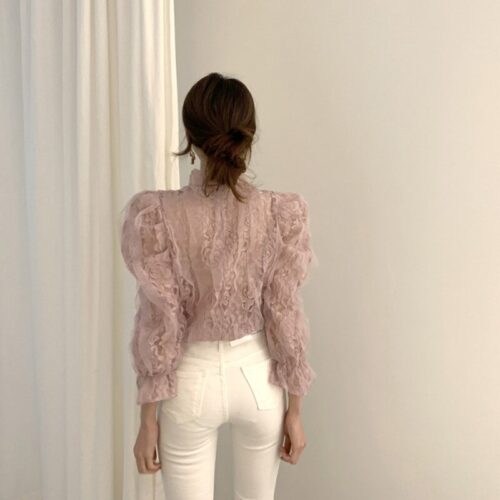 Spring / Autumn Stand Collar Puff Sleeves Mesh Lace Crochet Flower Blouse - Image 2