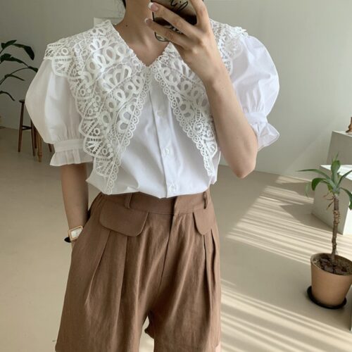 Butterfly Lace Lapel Short Puff Sleeves White Blouse