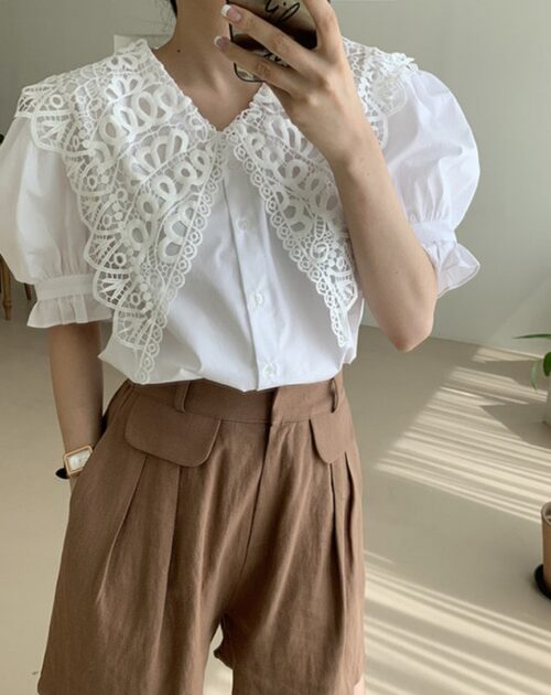 Butterfly Lace Lapel Short Puff Sleeves White Blouse