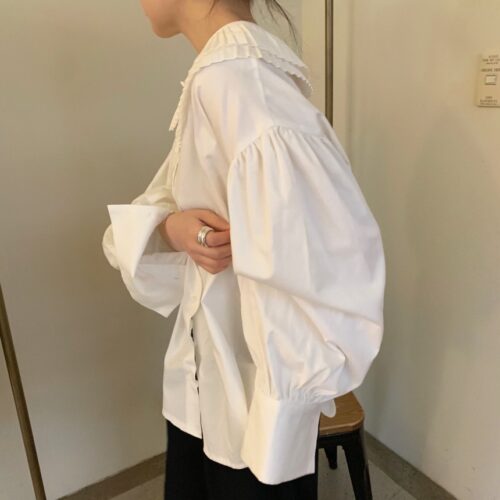 Spring / Autumn Korean Pilgrim Collar Long Sleeves White Blouse - Image 5