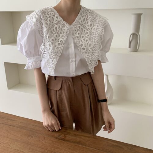 Summer Korean Butterfly Lace Lapel Short Puff Sleeves White Blouse - Image 3