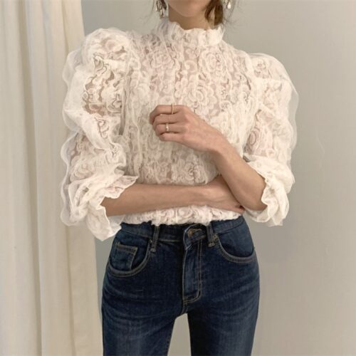 Puff Sleeves Mesh Lace Crochet Flower Blouse