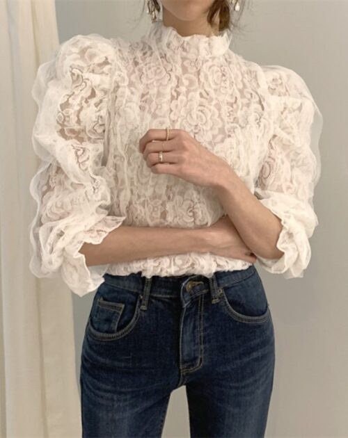 Puff Sleeves Mesh Lace Crochet Flower Blouse
