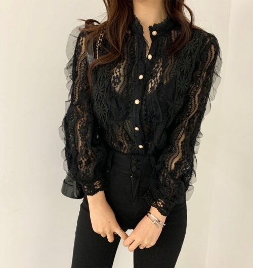 Spring / Autumn Stand Collar Long Sleeves Crochet Flower Lace Blouse - Image 6