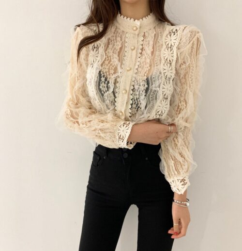 Spring / Autumn Stand Collar Long Sleeves Crochet Flower Lace Blouse - Image 2