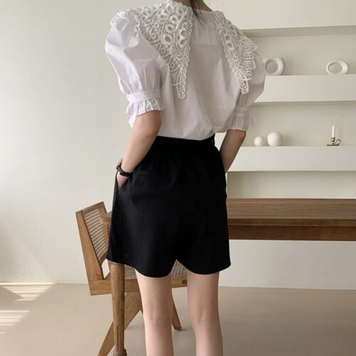 Summer Korean Butterfly Lace Lapel Short Puff Sleeves White Blouse - Image 2