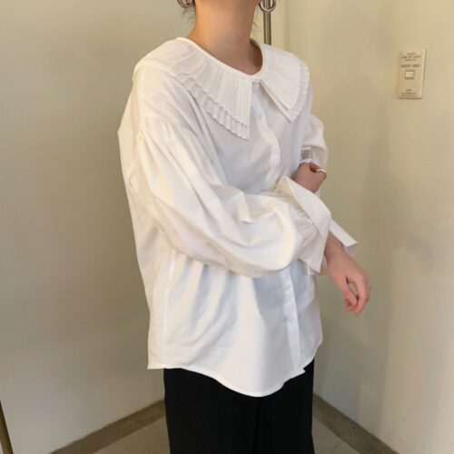 Spring / Autumn Korean Pilgrim Collar Long Sleeves White Blouse - Image 3