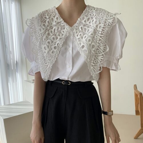 Summer Korean Butterfly Lace Lapel Short Puff Sleeves White Blouse - Image 5
