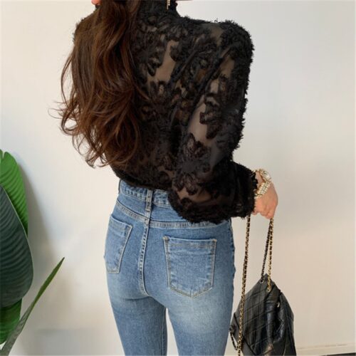 Spring / Autumn Korean Stand Collar Long Sleeves Crochet Lace Buttons Blouse - Image 2