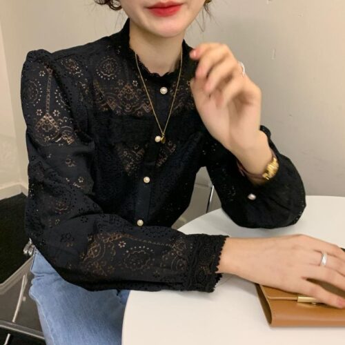 Spring / Autumn O-Neck Long Sleeves Cotton Hollow Out Lace Buttons Blouse - Image 3