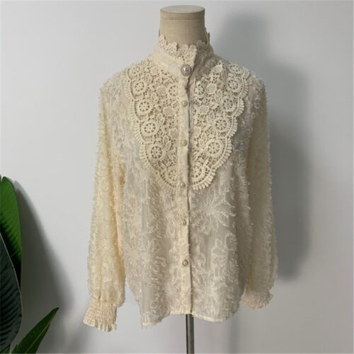 Spring / Autumn Korean Stand Collar Long Sleeves Crochet Lace Buttons Blouse - Image 3