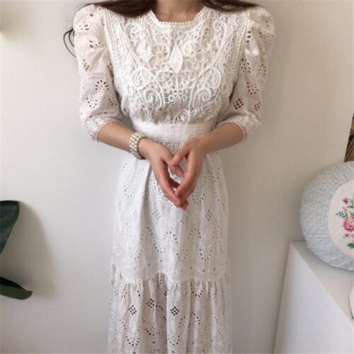 Summer Korean O-Neck Half Sleeves High Waist Lace Hook Flowers Hollow Out Midi Dress - Image 5