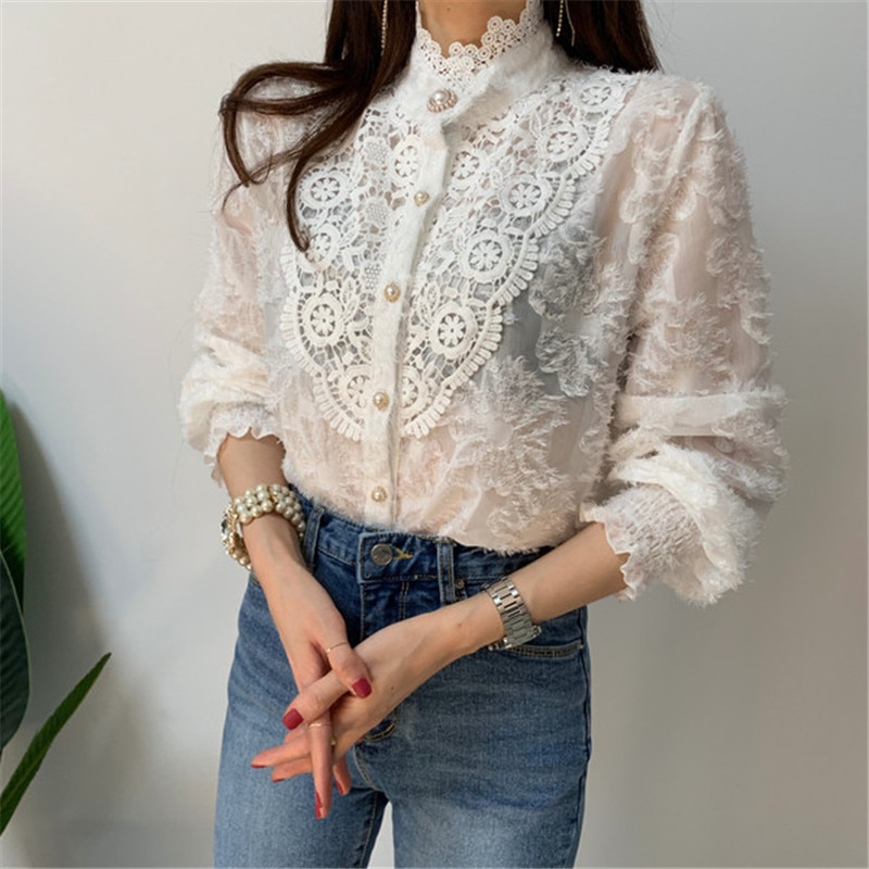 Spring / Autumn Korean Stand Collar Long Sleeves Crochet Lace Buttons ...