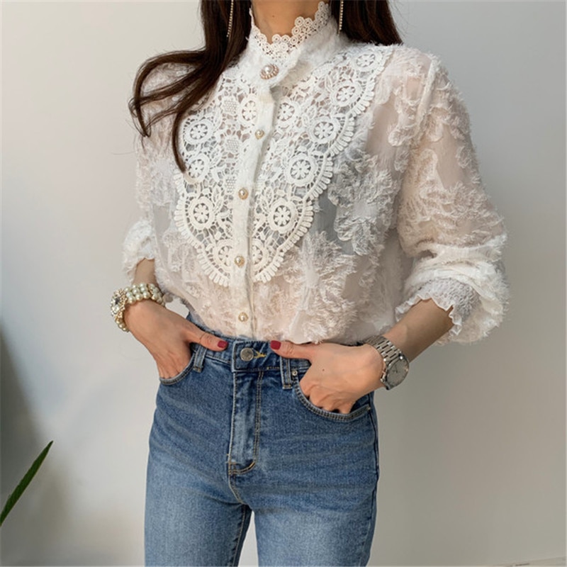 Spring / Autumn Korean Stand Collar Long Sleeves Crochet Lace Buttons ...