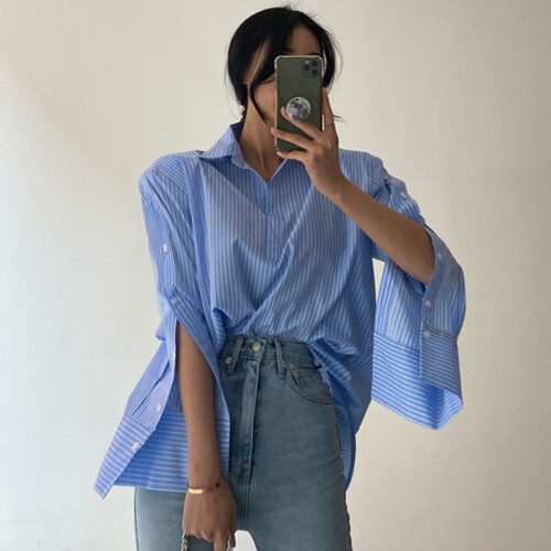 Spring / Autumn Turn-Down Collar Long Sleeves Back Slit Loose Striped Blouse - Image 5