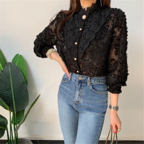 Spring / Autumn Korean Stand Collar Long Sleeves Crochet Lace Buttons Blouse - Image 4