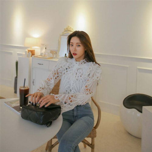 Spring / Autumn Stand Collar Flare Long Sleeves Hollow Out Blouse with Bottoming Camisole - Image 2
