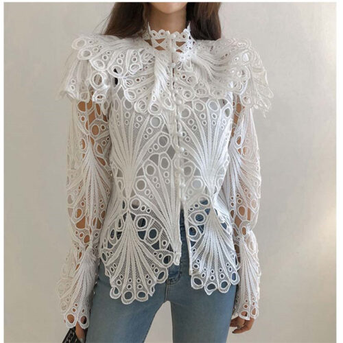 Flare Long Sleeves Hollow Out Blouse