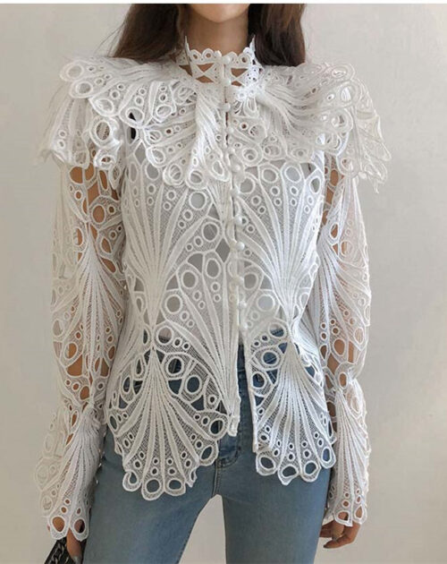 Flare Long Sleeves Hollow Out Blouse