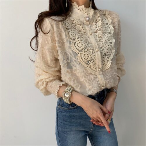 Spring / Autumn Korean Stand Collar Long Sleeves Crochet Lace Buttons Blouse - Image 6