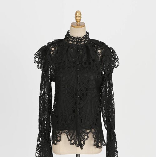 Spring / Autumn Stand Collar Flare Long Sleeves Hollow Out Blouse with Bottoming Camisole - Image 6