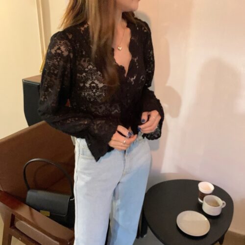 Spring / Autumn V-Neck Long Sleeves Floral Lace Blouse - Image 3