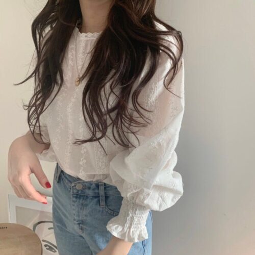 O-Neck Lantern Sleeves Elastic Cuffs Blouse