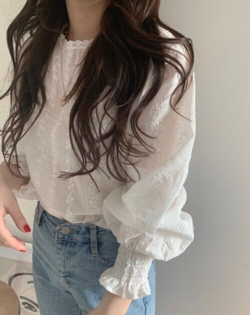 O-Neck Lantern Sleeves Elastic Cuffs Blouse