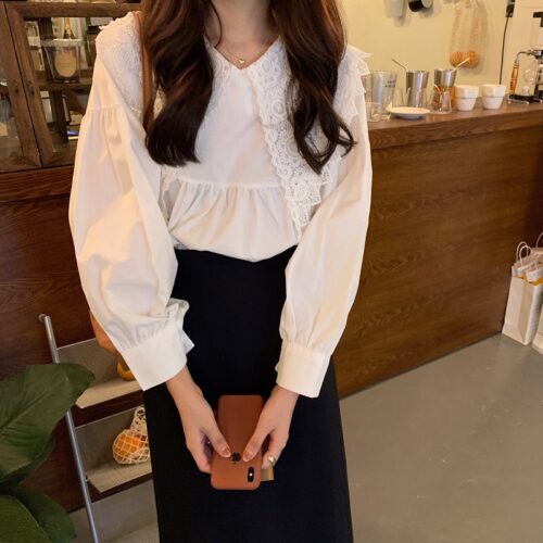 Spring / Autumn Butterfly Lace Collar Long Sleeves Solid Blouse - Image 4