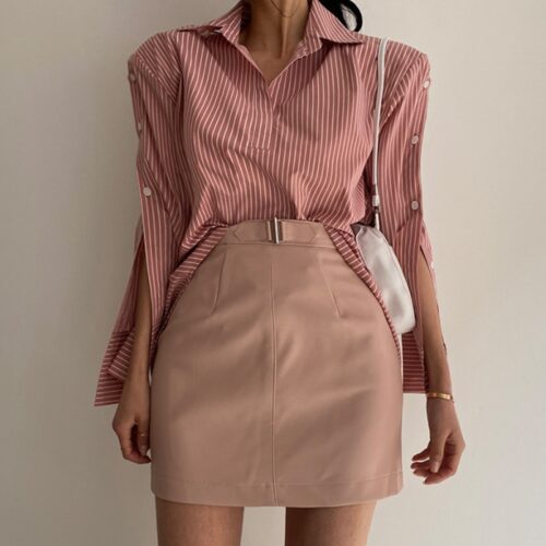 Spring / Autumn Turn-Down Collar Long Sleeves Back Slit Loose Striped Blouse - Image 3