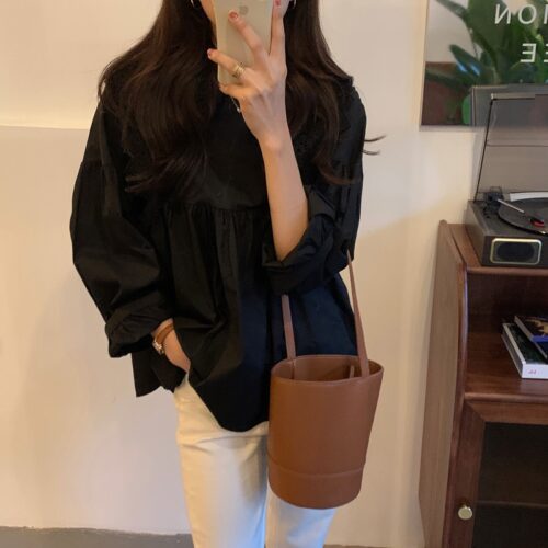 Spring / Autumn Butterfly Lace Collar Long Sleeves Solid Blouse - Image 3