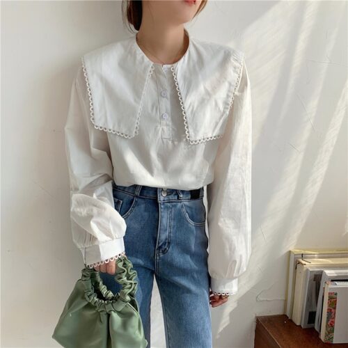 Spring / Autumn Puritan collar Long Sleeves Solid Blouse - Image 2