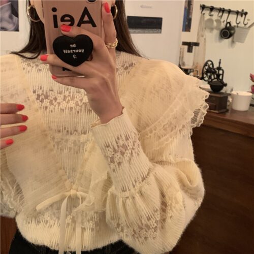 Spring / Autumn Stand Collar Long Sleeves Ruffles Lace-Up Blouse - Image 2