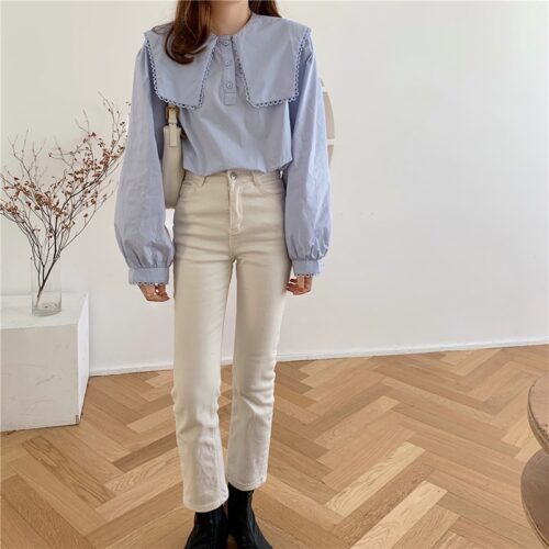 Spring / Autumn Puritan collar Long Sleeves Solid Blouse - Image 4