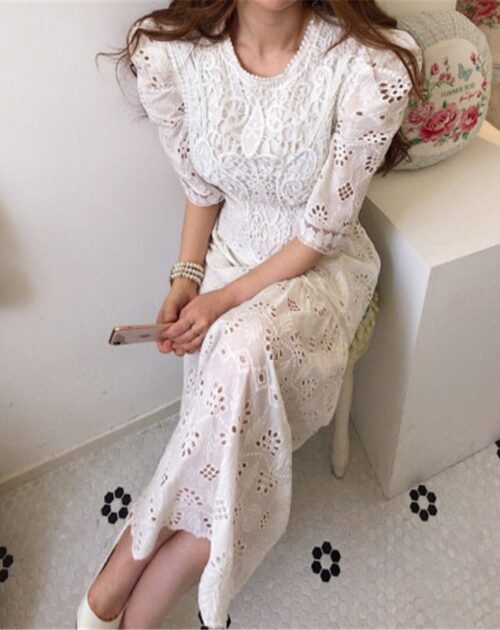 O-Neck Half Sleeves High Waist Lace Hook Flowers Hollow Out Midi Dress