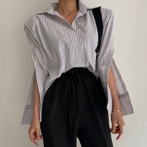 Spring / Autumn Turn-Down Collar Long Sleeves Back Slit Loose Striped Blouse - Image 2