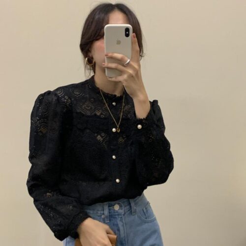 Spring / Autumn O-Neck Long Sleeves Cotton Hollow Out Lace Buttons Blouse - Image 2