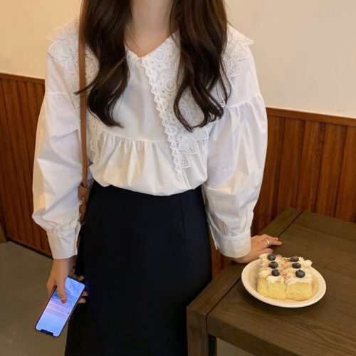 Spring / Autumn Butterfly Lace Collar Long Sleeves Solid Blouse - Image 2