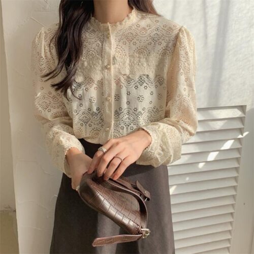 O-Neck Long Sleeves Cotton Hollow Out Lace Buttons Blouse