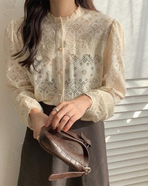 O-Neck Long Sleeves Cotton Hollow Out Lace Buttons Blouse